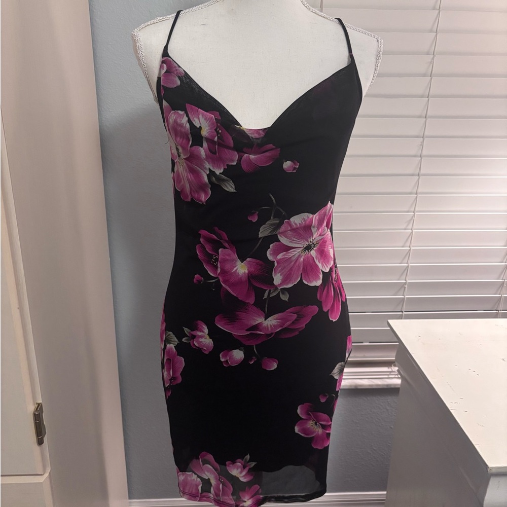 Black Floral Slip Dress with Pink Bloom Print Charlotte Russe M